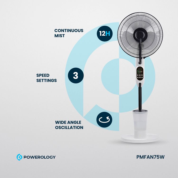 Powerology Tilt & Oscillating Fan Mist Spray & Humidifier, 2.8 L Water Tank Capacity, 3 Speed Settings - Black