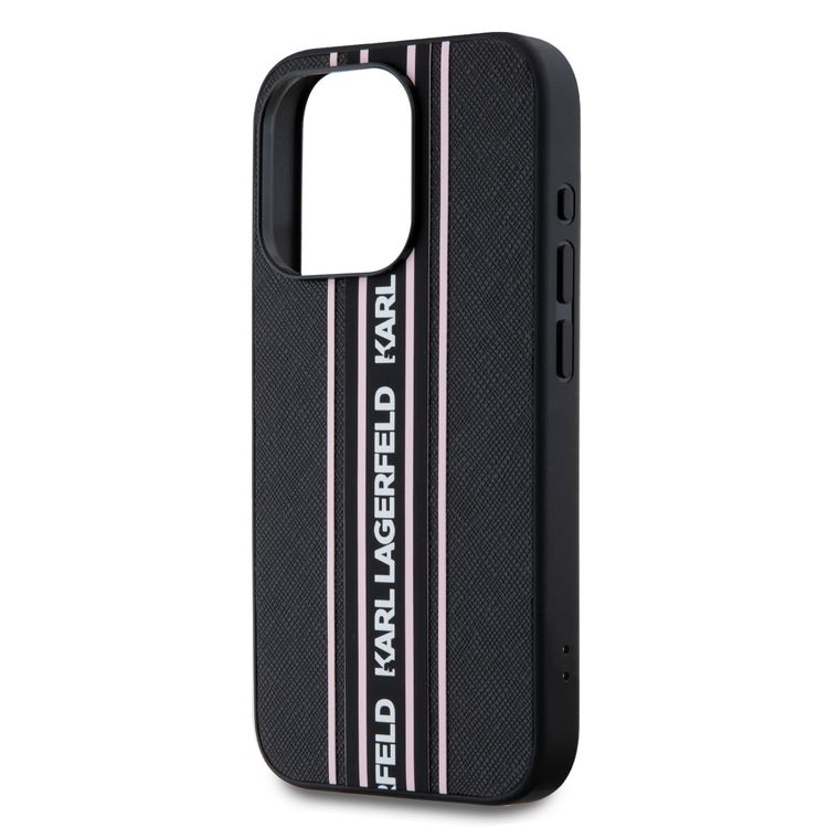جراب Karl Lagerfeld PU الصلب مع شرائط رياضية لهاتف iPhone 16 Pro Max، خفيف الوزن، مادة عالية الجودة، قبضة مريحة وآمنة - وردي
