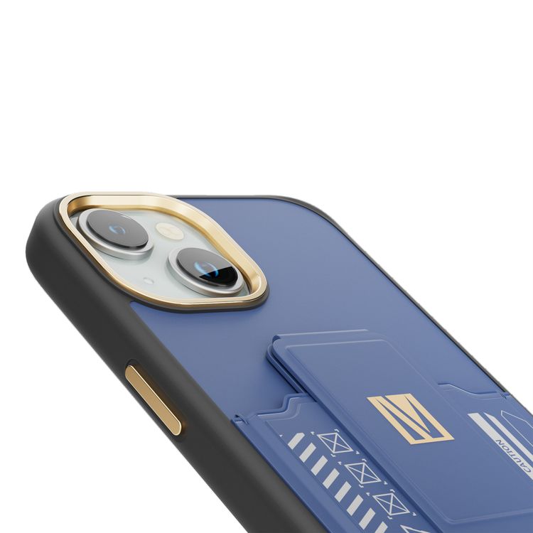 جراب Levelo Morphix Cuero Gripstand لهاتف iPhone 15 مع حامل بطاقات، أوضاع متعددة، مادة جلد البولي يوريثان، حواف مقاومة للصدمات - أزرق