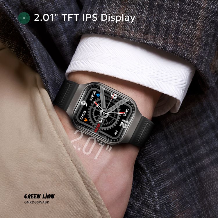 Green Lion Ridge Smart Watch with Magnetic Charging, Bluetooth Calls, Music Player, Health Monitoring, Metal Case Material, PU Leather Strap Material - Black / Black