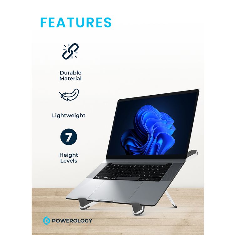 Powerology Aluminum Alloy Foldable Laptop Stand with 20kg Maximum Weight Capacity, Up to 17" Device Compatibility, 7 Adjustable Height Levels - Silver