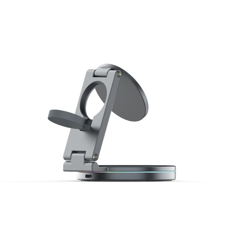 Porodo Rotating Base Three-Device Wireless Charger with 15W Wireless Output, Folding Design, Fast Charging, Type-C Input Interface, Lightweight & Portable - Gray