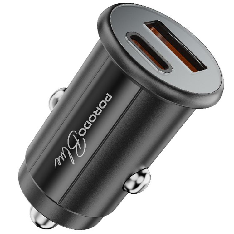 Porodo Blue Dual Port 30W Car Charger with Type-C to Type-C Cable, USB-C & USB-A Ports, 15W Shared Output, Polycarbonate Material - Black
