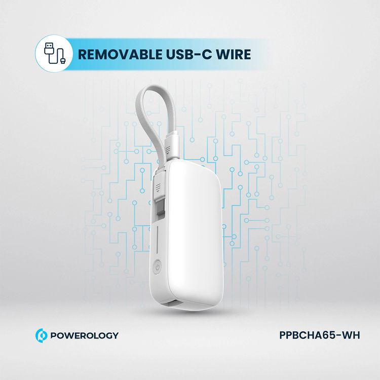 بنك طاقة Powerology بسعة 5000 مللي أمبير في الساعة مع سلك USB-C قابل للإزالة، وتقنية شحن متقدمة، وشحن لجهازين، وصغير الحجم وقابل للحمل، مع حماية مدمجة، وتوصيل طاقة بقوة 20 وات - أبيض