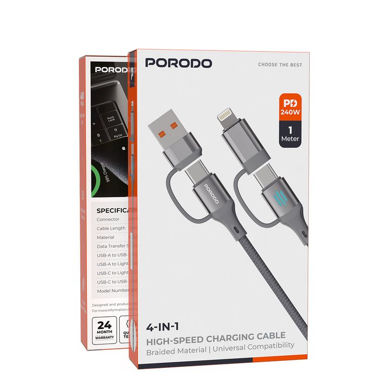 Porodo 4-in-1 High-Speed Charging Cable with Braided Material, 1m Cable Length, 240W Power Delivery, Aluminum Alloy Material, Tangle-Free Design, 480Mbps Data Transfer Speed - Gray