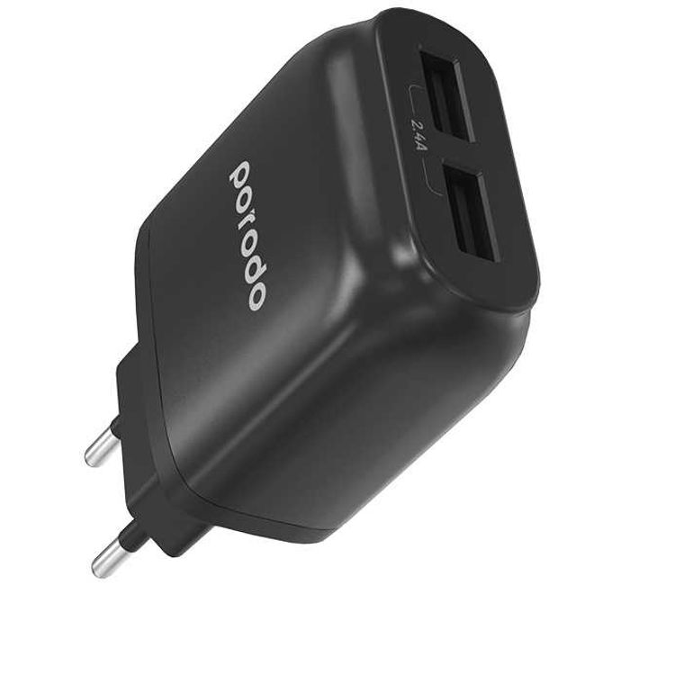 Porodo Main Charger with Cable, Dual USB Wall Charger 2.4A with Improved Version PVC Type-C Cable 1.2m EU 2pin Plug for Type-C Devices, Fast Charging Adapter & Connector Black
