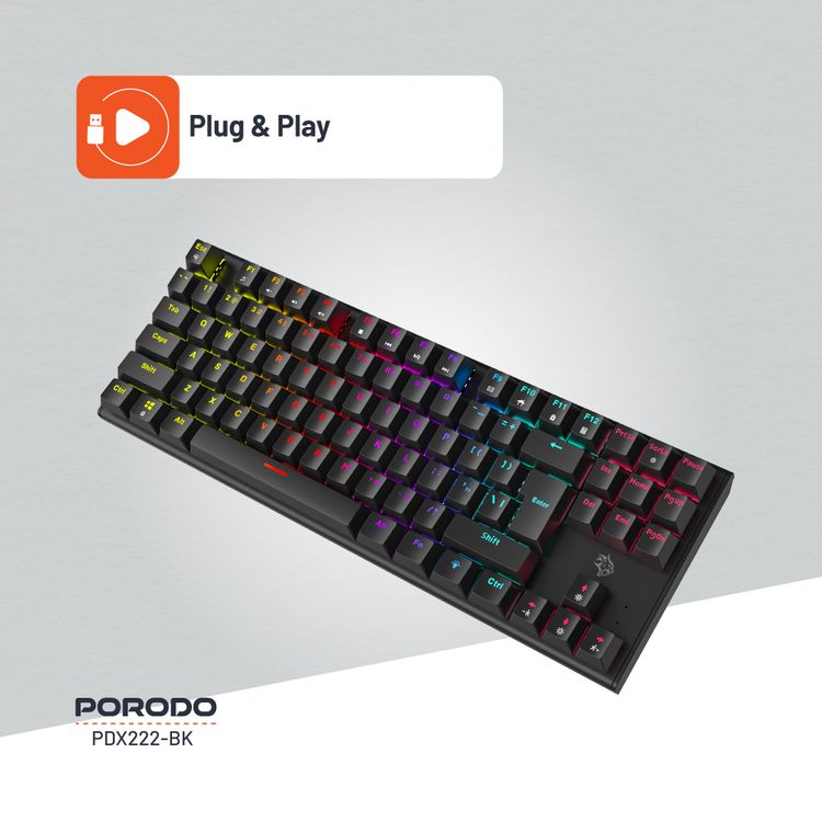 Porodo Gaming TKL Mechanical Keyboard with 12 RGB Light Modes, 25 Anti-Ghosting Keys, 50 Million Clicks Lifespan, 1.5m PVC Cable, Plug & Play, English & Arabic Keys - Black