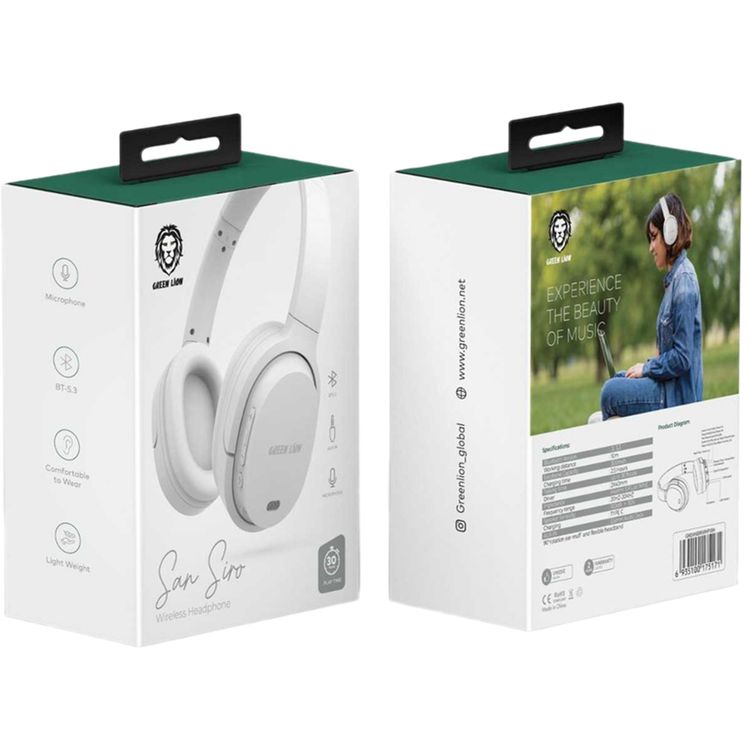 Green Lion SanSiro Wireless Headphones, 300mAh Battery Capacity, 30 Hours Play Time, 2.5 Hours Charging Time, 10m Transmission Distance, Built-in Microphone, Lightweight, AUX Port - White