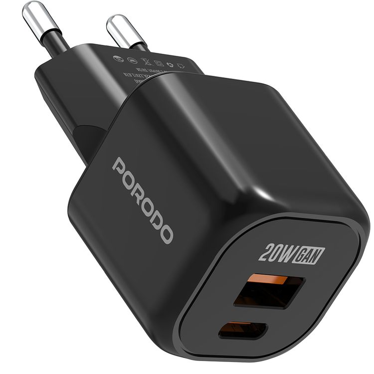 Porodo Dual-Port Wall Charger with 20W Power Delivery, EU Plug, QC 18W, Simultaneous Charging, Overheat Protection, USB-C & USB-A Outputs - Black