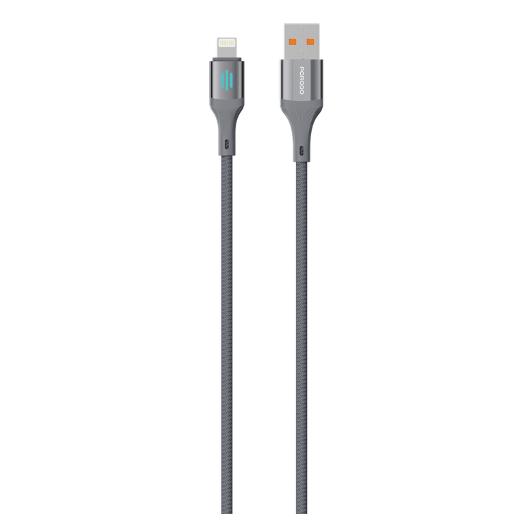 Porodo USB-A to Lightning Charging & Data Cable with 3A Rated Current, 480Mbps Data Transfer Rate, 1m Cable Length, Durable Braided Material, Tangle-Free, Optimal Charging, Enhanced Durability - Gray