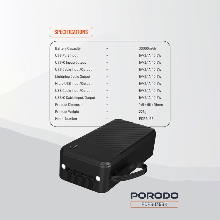 Porodo Piano 30000mAh Power Bank with Flashlight, Portable Handle, Phone Stand, 4 Integrated Cables, USB-A & USB-C & Micro Ports, Fast Charge Support, Universal Compatibility - Black