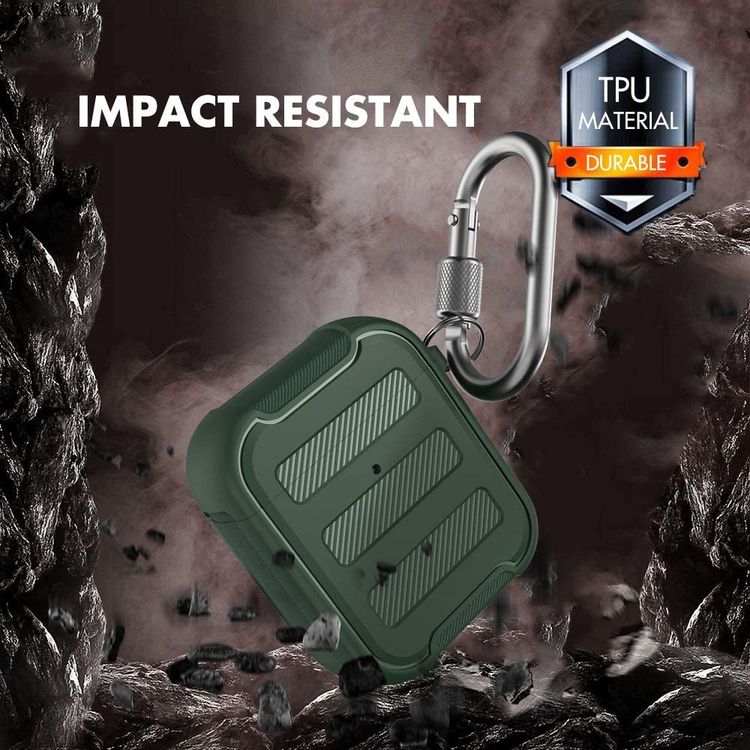 AhaStyle Rugged Armor Premium TPU Case with Anti-Lost Carabiner Compatible for AirPods 1/2, Hard-Shell Protective Cover, Scratch Resistant, Shock Absorption, Drop Protection, & Dustproof Protective Silicone Cover Supports Wireless Charging - Midnight Green