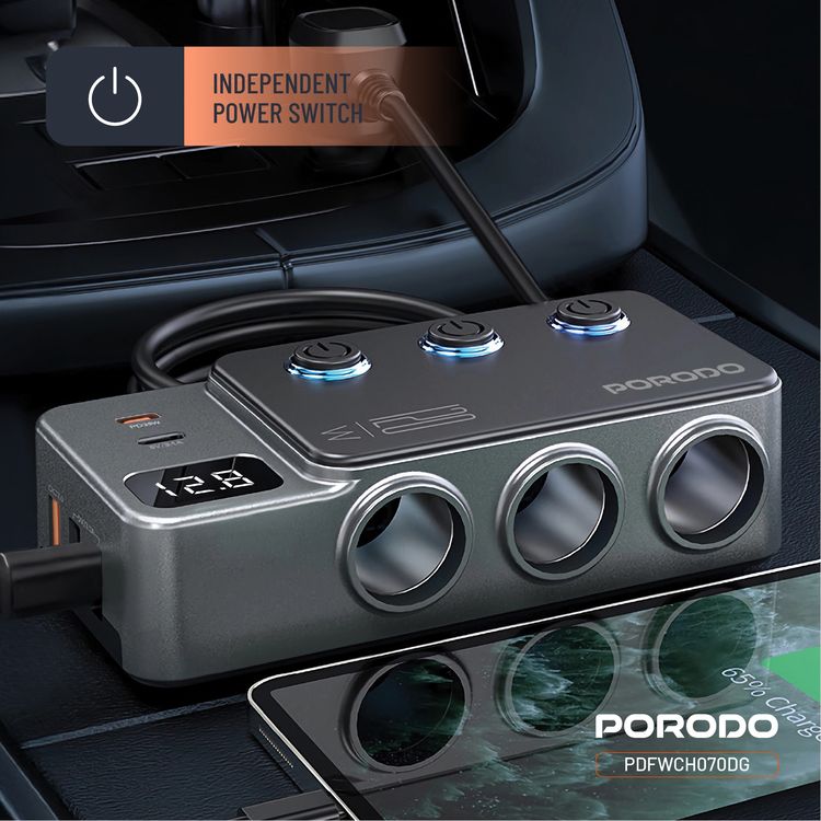 Porodo 120W Car Charger Hub with Triple-Port Lighter Sockets, 3 USB-A & 2 USB-C Ports, 35W PD, 65W QC, 95cm Cable, Real-Time Voltage Display, Independent Power Switch - Dark Gray