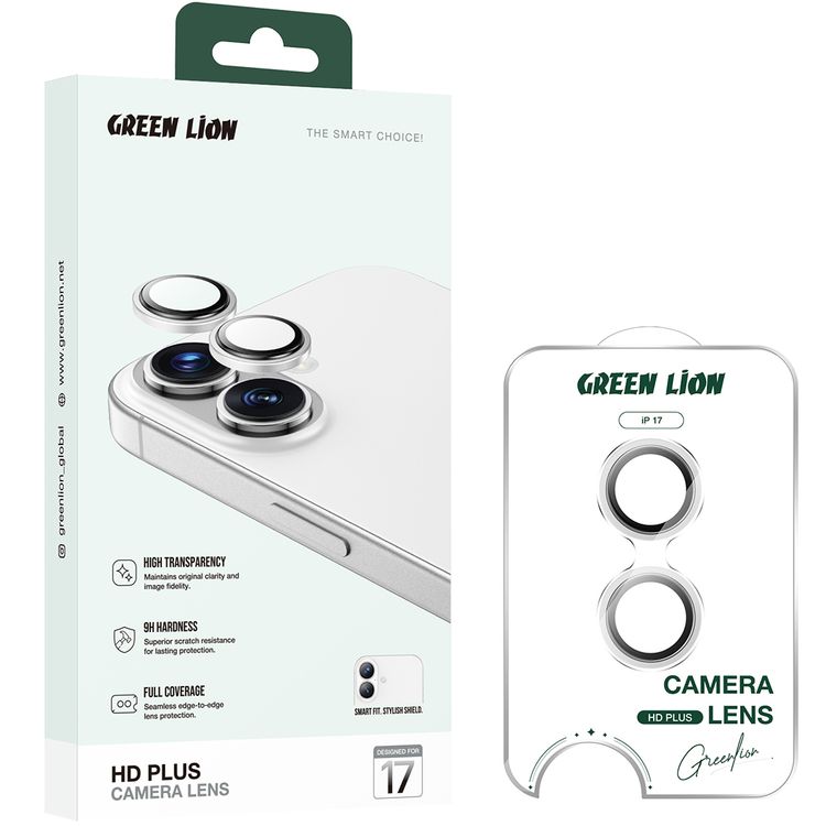 Green Lion HD Plus Camera Lens for iPhone 17, Anti-Scratch, Full Edge-to-Edge Coverage, High-Transparency, Anti-Glare Coating, Easy Installation, Nano Absorbing Technology, Anti-Fingerprint - Silver