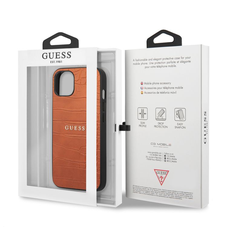 CG MOBILE Guess PU Leather Croco Case Hot Stamped Lines & Metal Logo Compatible for iPhone 13 (6.1") Anti-Scratch, Easy Access to All Ports, Shock Absorption