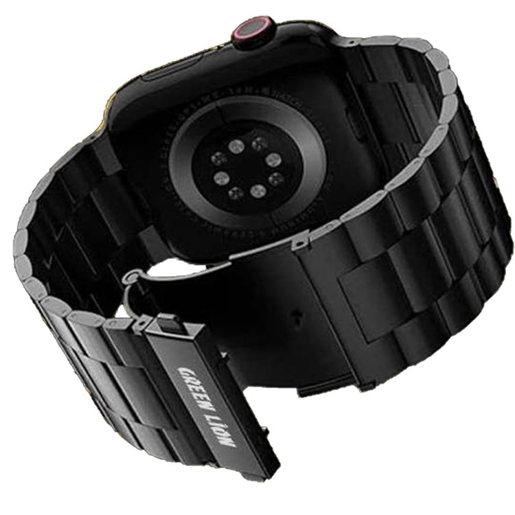Green Lion Link Stainless Steel Strap for Apple Watch 42/44/45/49mm, Double Button Folding Clasp, Lightweight & Easy to Install, Comfortable to Wear, Waterproof - Black