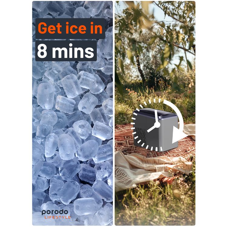 Porodo Lifestyle Portable Outdoor Ice Cube Machine with 2.2L Water Storage Capacity, 8 Minutes Ice Making Time, Small & Large Ice Cubes Maker - Black