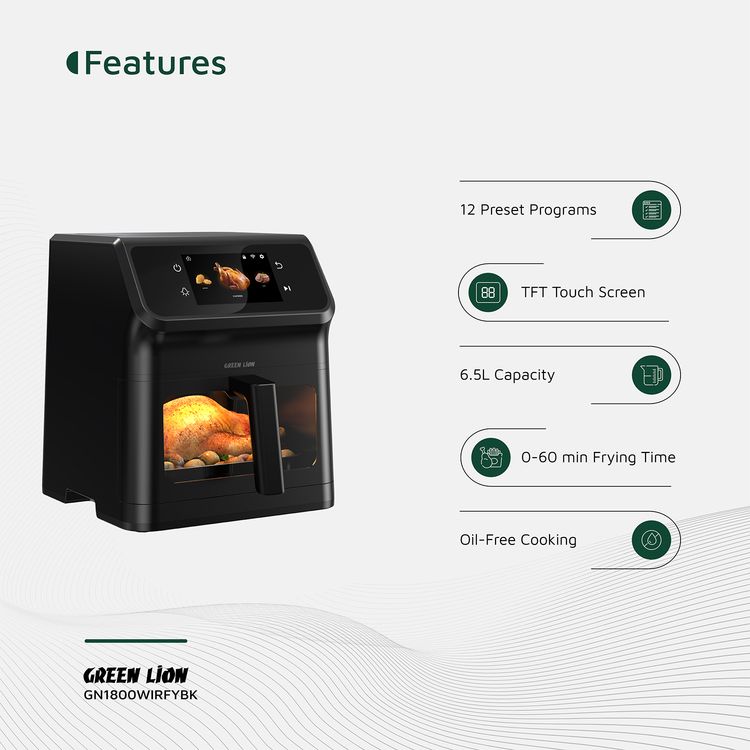 Green Lion Smart Air Fryer with 6.5L Capacity, Timer Function, TFT Touch Screen, Wi-Fi Connectivity, Installed Recipes, Rapid Air Circulation, Non-Stick Coating, Oil-Free Cooking