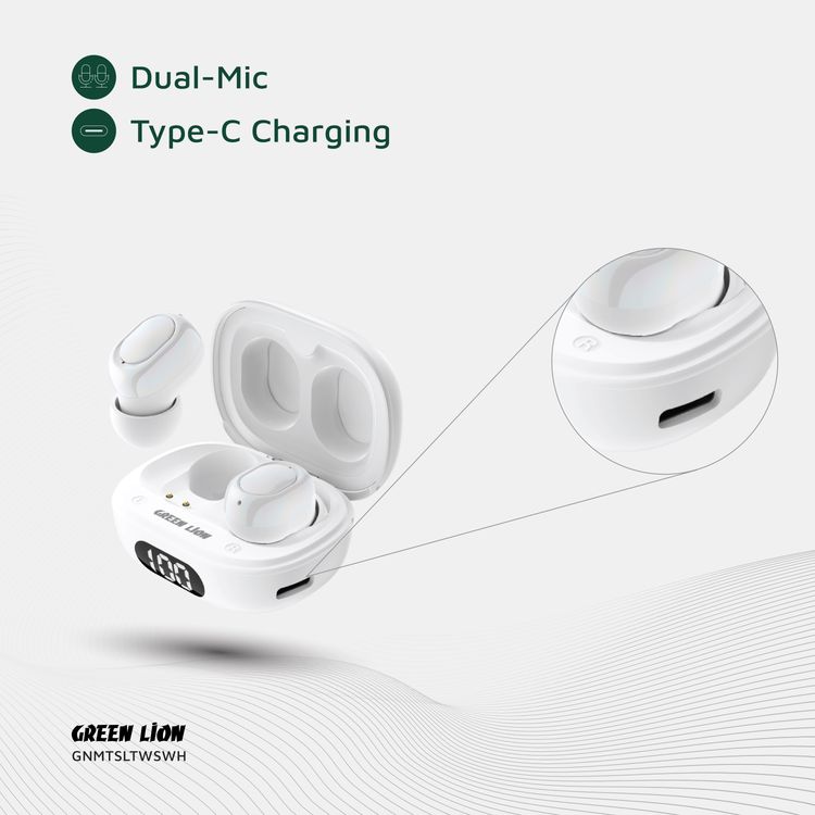 Green Lion Mittersill True Wireless Earbuds with ENC, Up to 6 Hours Playtime, IPX5 Waterproof Resistance Level, Bluetooth Version 5.4, Up to 10m Transmission Range, Type-C Charging Port, Dual-Microphone, Strap Included - White
