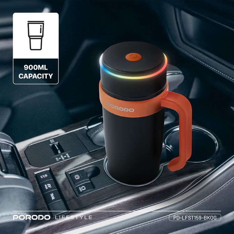 Porodo Lifestyle 6-Blade Portable Blender & Insulated Mug with 900mL Capacity, 18000 RPM Motor Speed, 70W Rated Power, 304 Food-Grade Stainless Steel Material, Keeps Hot & Cold for up to 6 Hours, 2x 1500mAh Battery Capacity, USB-C Charging Interface, Spill-free Lid Design - Black / Orange