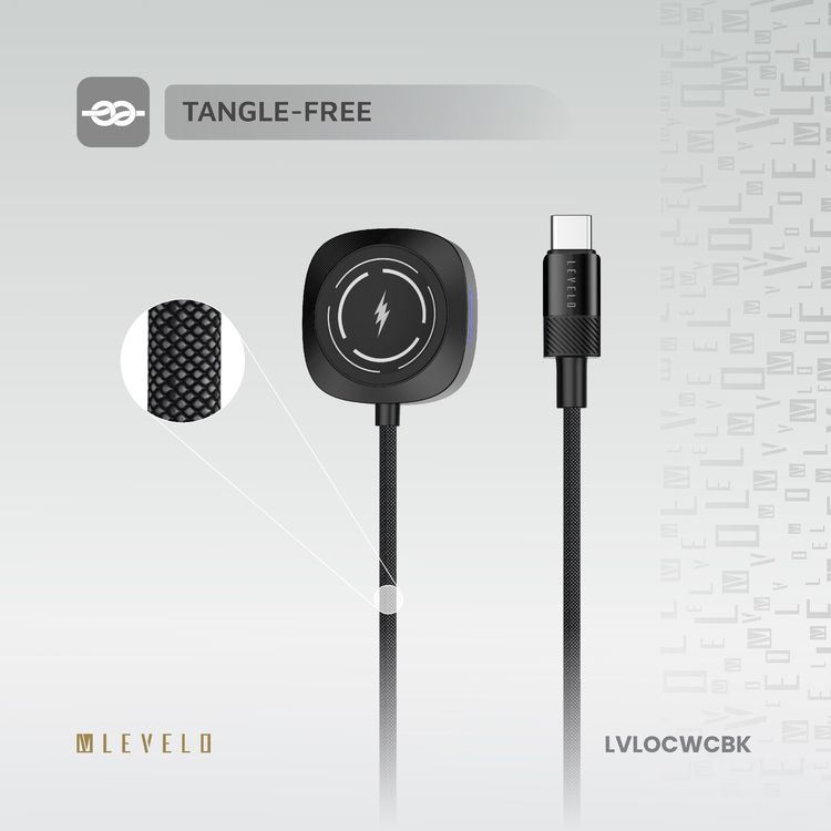 Levelo Otto Type-C Apple Watch Wireless Charger Cable, Fast Charging, Tangle Free, Aluminum Alloy & Plastic Shell Material, 1.2m Cable Length - Black