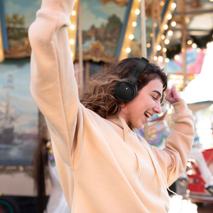 Porodo Wireless Stereo Headphones with Leather-Finish, 40mm Speaker Diameter, Up to 20 Hours Play Time, 10m Transmission Distance, 180 Hours Standby Time, TF Card Support, Stereo Sound Quality - Black