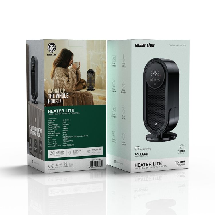 Green Lion Heater Lite with Remote Control, 1500W Rated Power, 3-Second Rapid Heating, 10m² Room Coverage, Timer Function, Safety Child Lock - Black