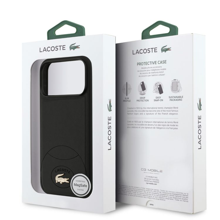 Lacoste MagSafe PU Leather Hard Case with Bliss Design for iPhone 17 Pro, Drop Protection, Slim Profile, Sustainable Packaging, Easy Snap-On Design - Black
