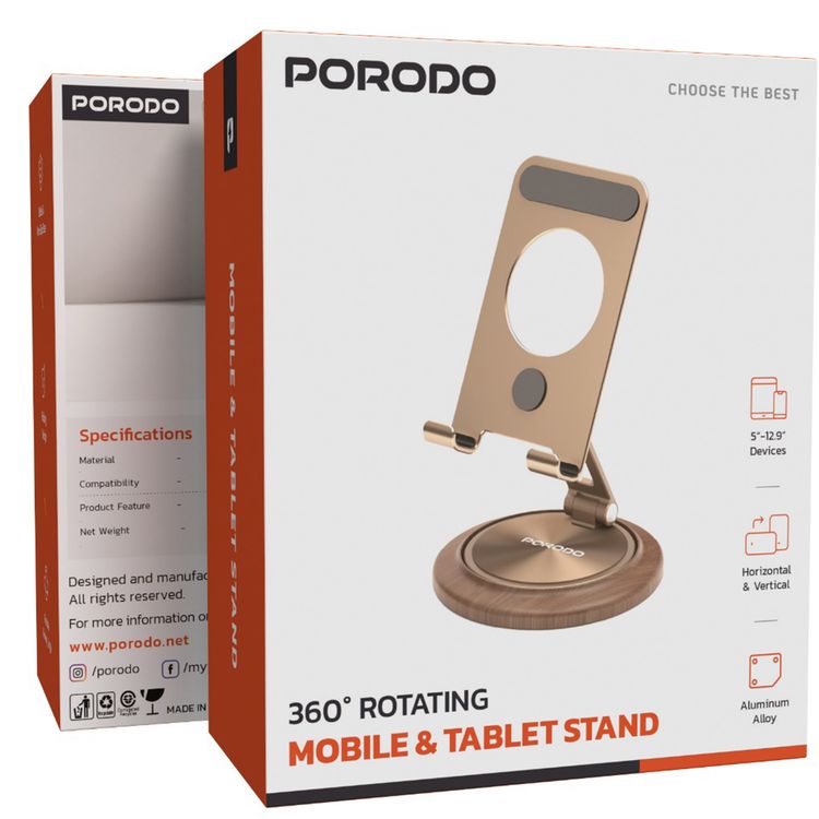 Porodo 360° Rotating Mobile & Tablet Stand with Flexible Viewing Angle, 5" to 12.9" Phones & Tablets Compatibility, Horizontal & Vertical Modes, Foldable Design - Gold