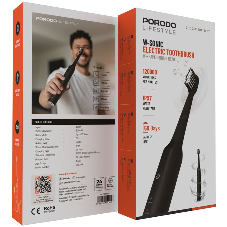 Porodo Lifestyle W-Sonic Electric Toothbrush with Quadrant Smart Timer, 18000-20000 Strokes/Minute Vibration Frequency, 500mAh Battery Capacity, Up to 50 Days Working Time, Round Shape Bristle, Low Noise Level, IPX7 Water Resistance Level - Black