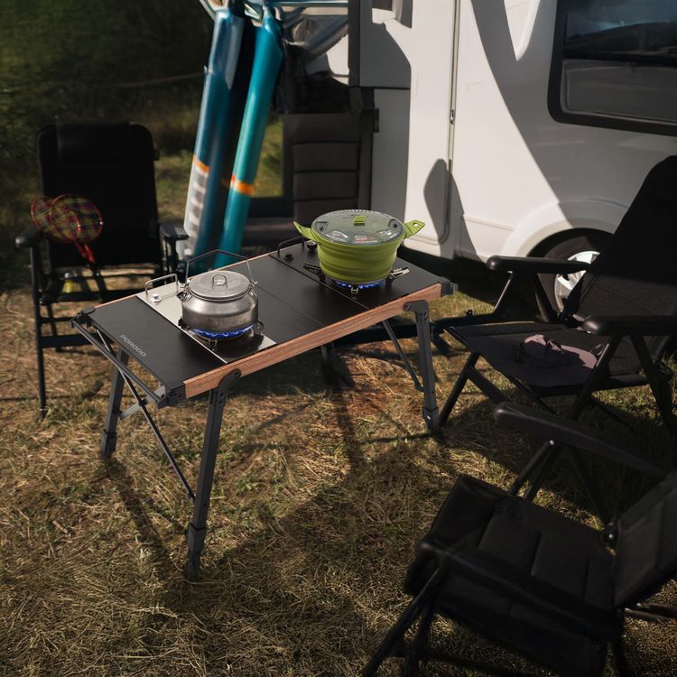 طقم طهي بورودو مع موقد مزدوج طاولة تخييم بلهب قابل للتعديل، إشعال كهربائي، محمول وسهل الحمل، تنظيف سهل بالمسح، طول خرطوم الغاز 65 سم، تصميم متعدد الوظائف - أسود