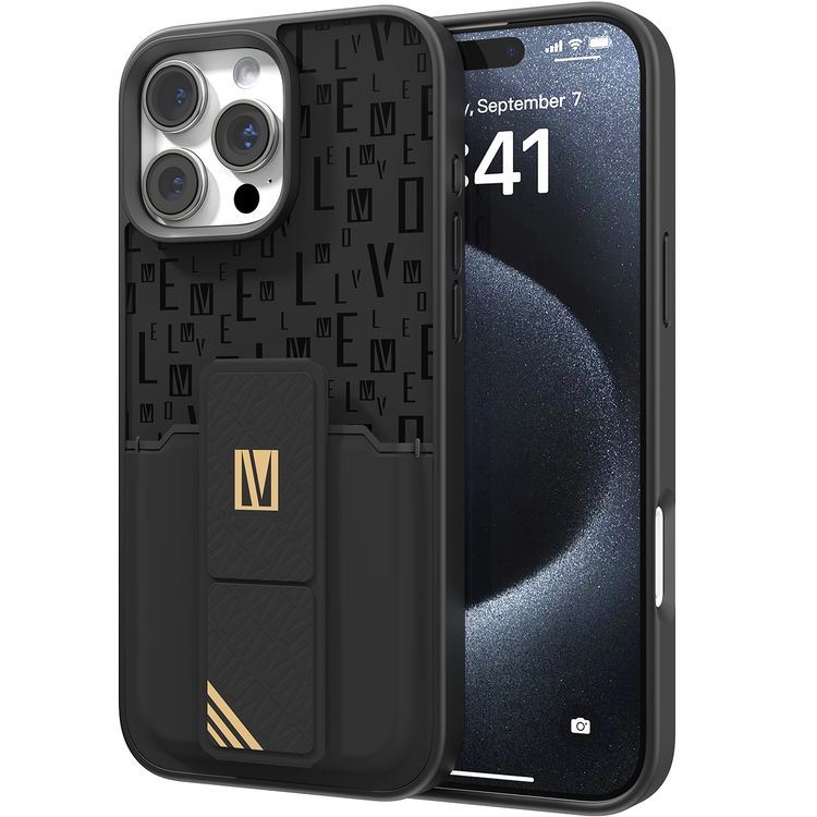 حافظة Levelo Morphix Gripstand مع حامل بطاقات لهاتف iPhone 16 Pro Max، حامل بطاقات مدمج، زوايا مقاومة للصدمات، ملمس نحيف بدون غطاء، حافة كاميرا مرتفعة، مادة فائقة المتانة - أسود