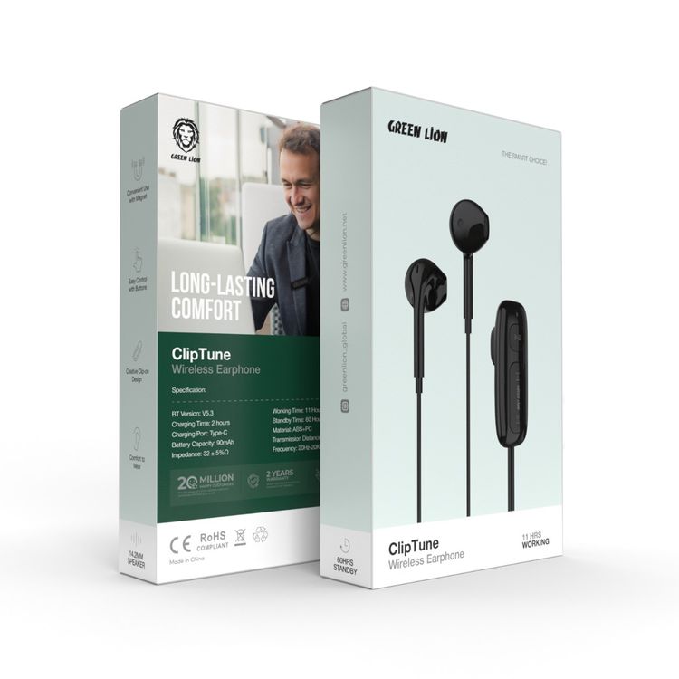 Green Lion Clip Tune Wireless Earphones with Creative Clip-On Design, Up to 11 Hours Working Time, 14.2mm Speaker, Control Buttons, 60 Hours Standby, Comfortable to Wear, USB-C Charging Port - Black