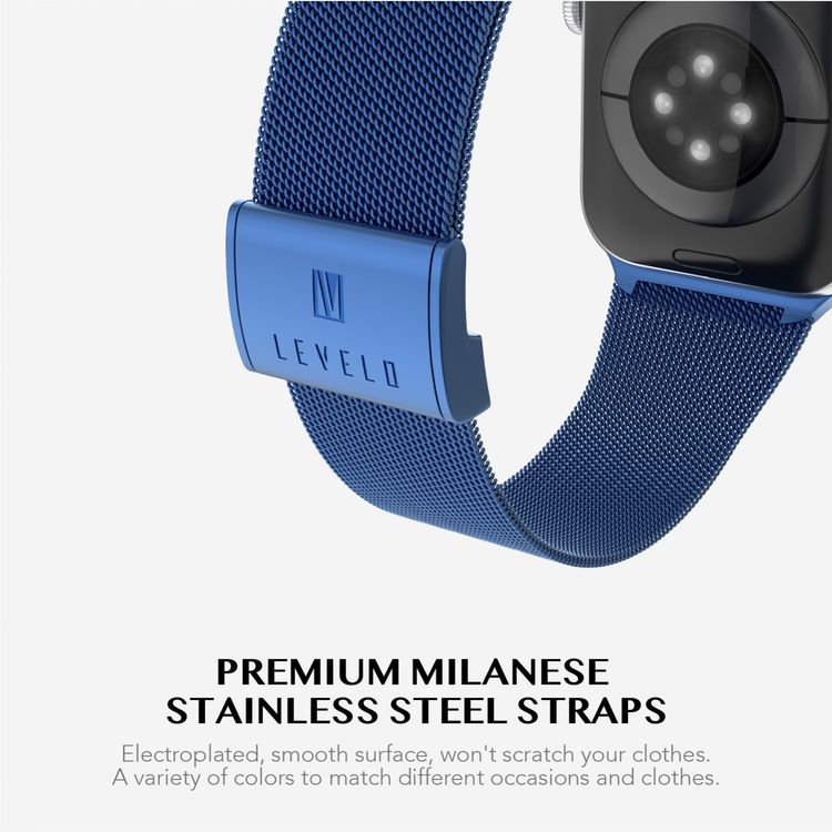 Levelo Double Milanese Watch Strap for Apple Watch 42/44/45mm, Stainless Steel Material, Double-lock Folding Buckle, Adjustable Strap, Easy Installation - Blue