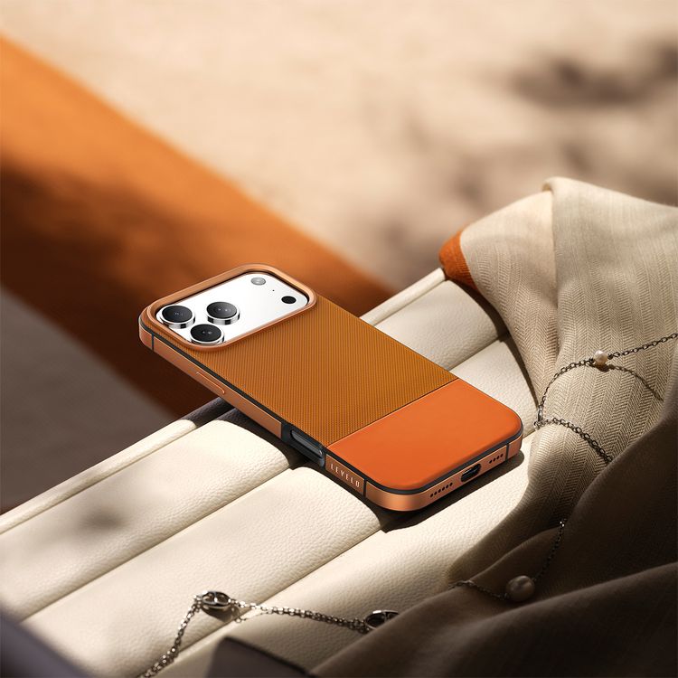 Levelo Cuir Leather Hybrid Case with Comfortable Grip for iPhone 17 Pro, Strong Magnets & MagSafe Compatible, Shock-Resistant Bumper, Aluminum Alloy Frame for Camera & Buttons, Drop-Tested - Sunrise Orange