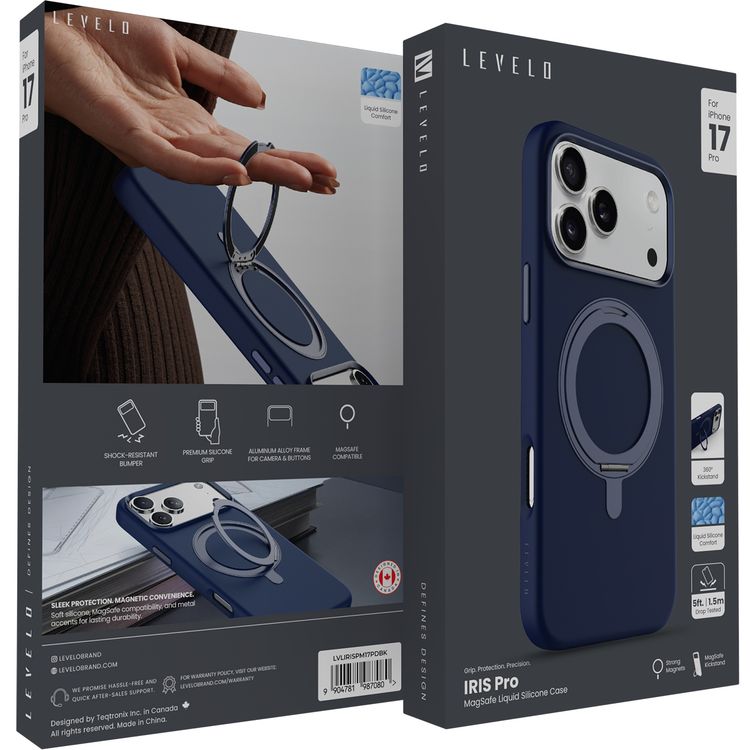 Levelo Iris Pro MagSafe Liquid Silicone Case with Built-in 360° Kickstand for iPhone 17 Pro, Metal Accents, Shock-Resistant Bumper, Aluminum Alloy Frame for Camera & Buttons, Drop-Tested, Strong Magnets, Premium Silicone Grip - Dark Blue