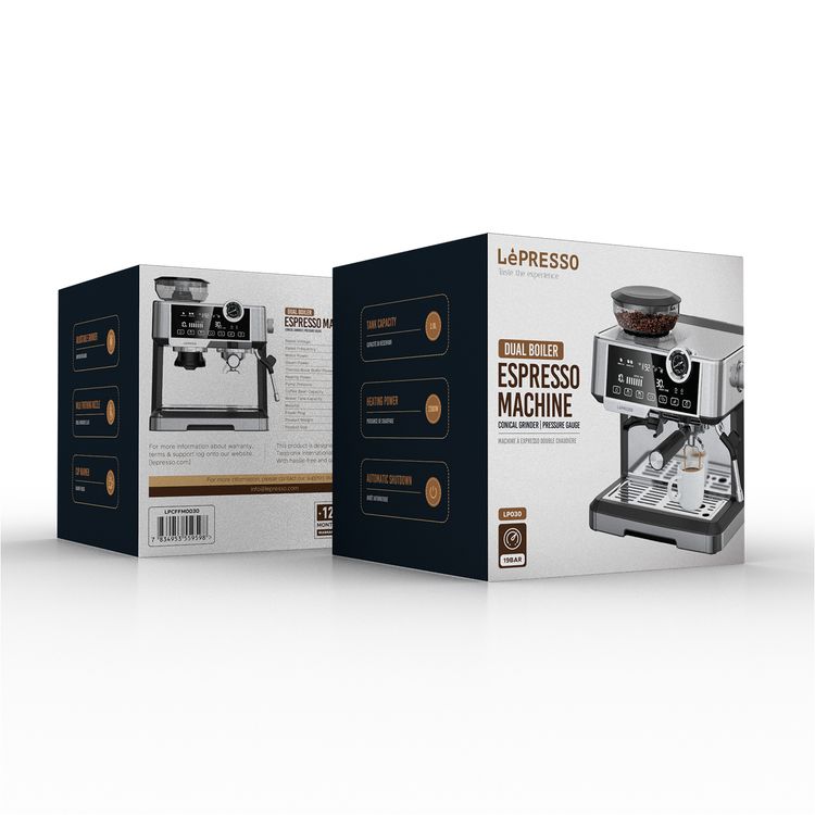 LePresso Dual Boiler Espresso Machine with Adjustable Grinder, Automatic Shutdown, Milk Frothing Nozzle, CUP Warmer - Silver