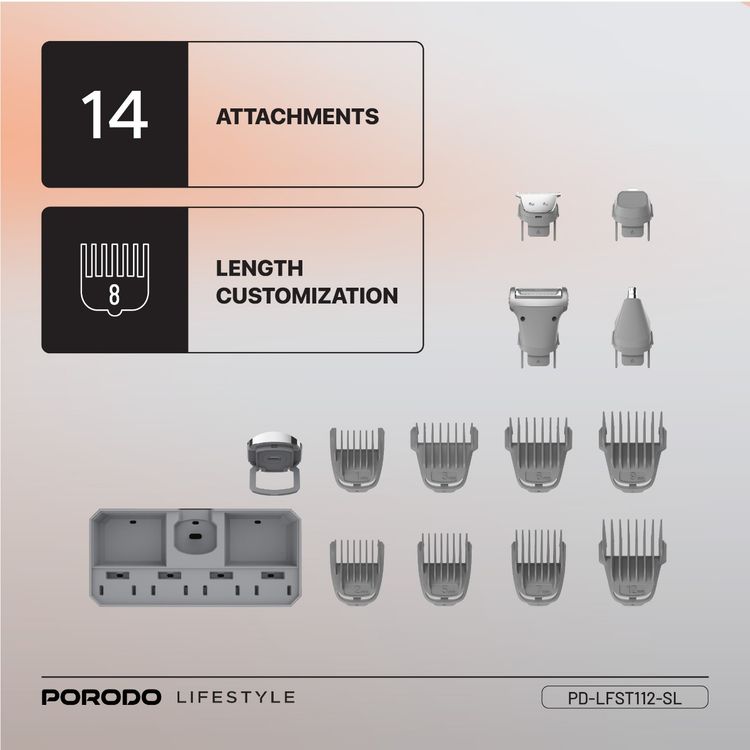 Porodo Lifestyle 14-in-1 Trimming Kit with IPX6 Waterproof Rating, Length Customization, Cord & Cordless Use,  600 mAh Battery Capacity - Silver 