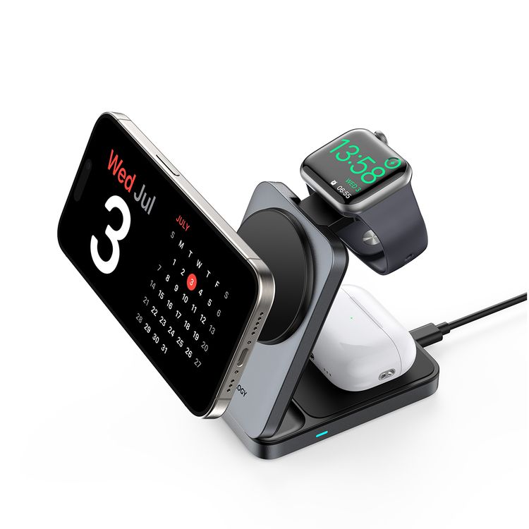 Powerology 3-in-1 Foldable Wireless Magnetic Charging Hub, Fast Charging, Multi-Device, Horizontal & Vertical View, Type-C Input Interface, Lightweight & Portable, Qi2 for iPhone 15 & 16, 15W Magsafe Power, 2.5W Watch Power, 5W Earbuds Power, 9V/3A & 12V3A Input, Foldable Design - Black