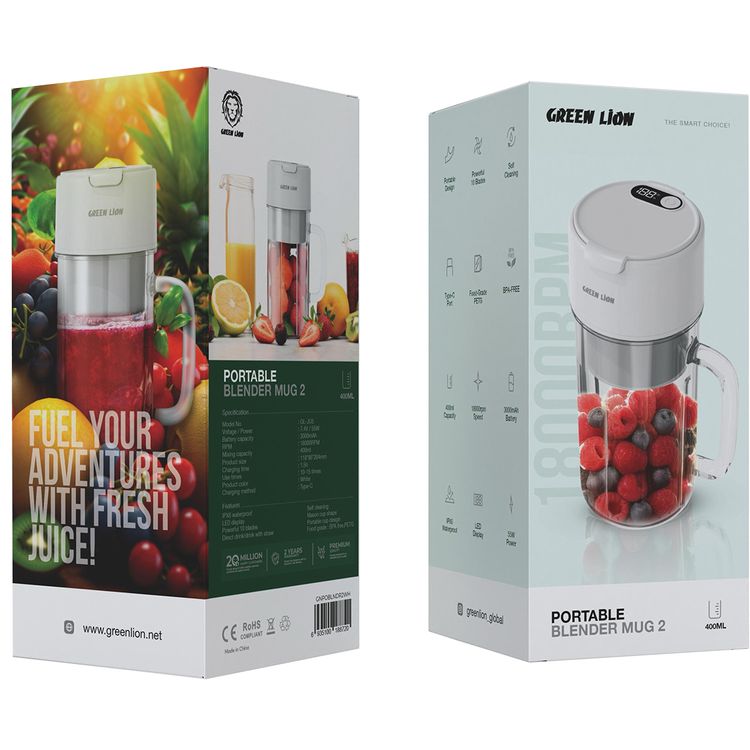Green Lion Portable Blender Mug 2 with 400mL Mixing Capacity, 10-15 Uses per Charge Cycle, 55W Power, IPX6 Waterproof, 10 Powerful Blades, LED Display - White