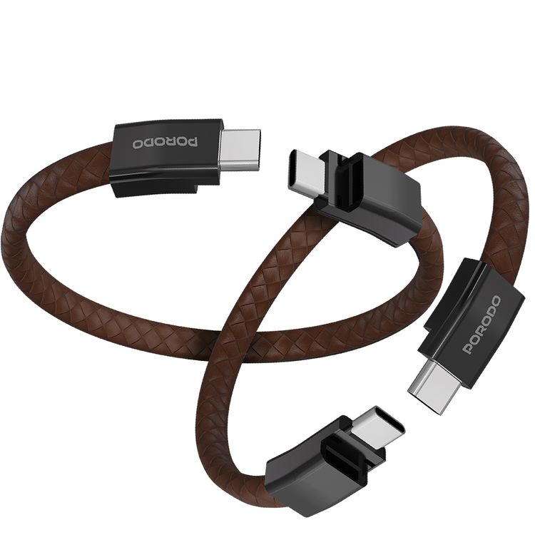 Porodo USB-C to USB-C Wristband Cable with Magnetic Steel Clasp, 60W Power Delivery, 480Mbps Data Transfer Speed, Wearable Design, 20cm Cable Length, PU Leather & Zinc Alloy Material - Brown