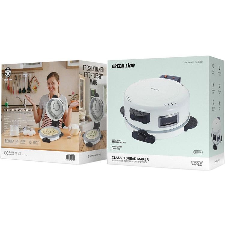 Green Lion Classic Bread Maker with Aluminum Alloy & Stainless Steel Material, 1.5m BS Plug Power, 100-240°C Temperature Level, Non-Stick Coating Plate, Dishwasher Safe, Quick Heating Element - White