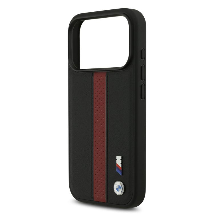 BMW PU Leather Case with Perforated Stripes & Metal Logos for iPhone 17 Pro, MagSafe Compatible, Sustainable Packaging, Drop Protection, Slim Profile, Easy Snap-On Design - Black / Red