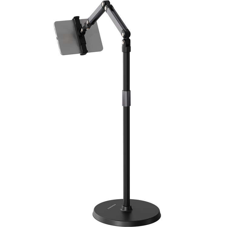 حامل هاتف ولوحي من بورودو للأرضية مع قابلية ضبط الارتفاع حتى 165 سم، متوافق مع الأجهزة من 5.5" إلى 12.9"، دوران كامل محور 360°، توافق واسع - أسود