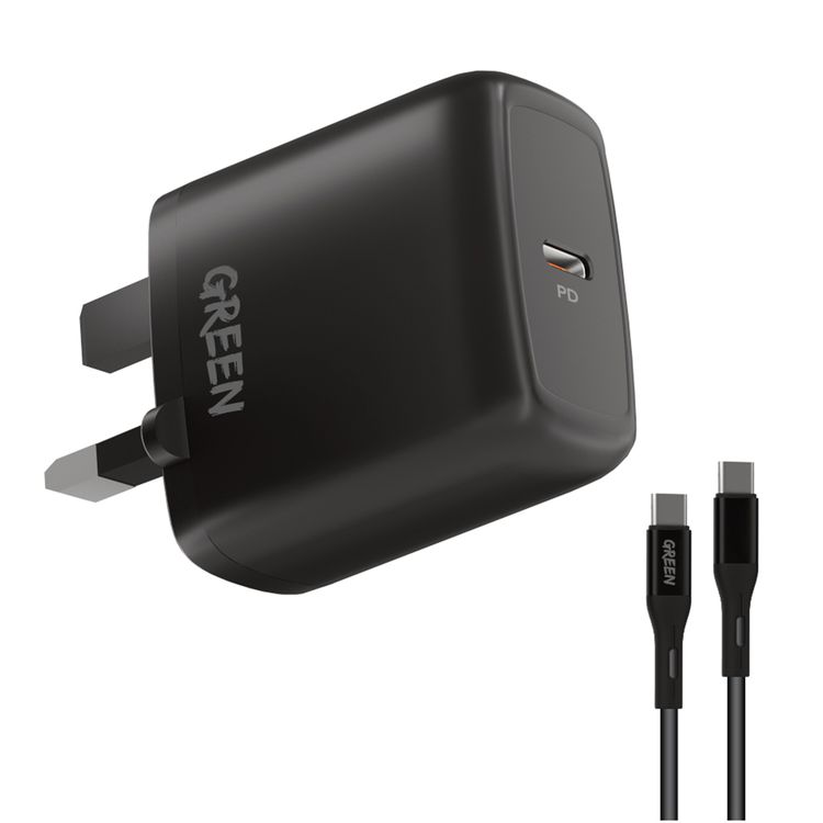 Green Lion Wall Charger PD+QC3.0 20W UK, Fast Charge Adapter, Over-heat Protection, UK 3pin Plug, Fireproof Protection  - Black