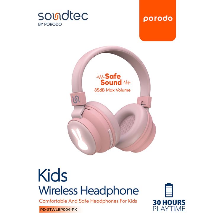 Porodo Soundtec Kids Rabbit Wireless Headphones with Clear Sound, Superior Microphone, LED Lights, Up to 30 Hours Playtime, 10m Bluetooth Range - Pink