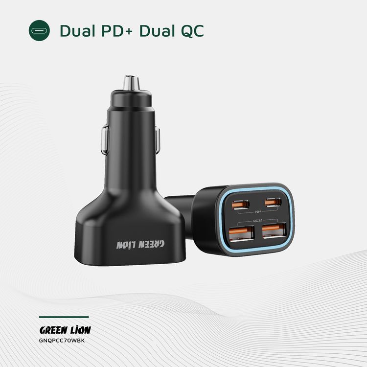 Green Lion Quad Port Car Charger with PD 35W, QC 3.0 35W, 2× USB-A & 2× USB-C Ports, PC Material, Compact Design, Charging Protection, Fast Charge Support - Black