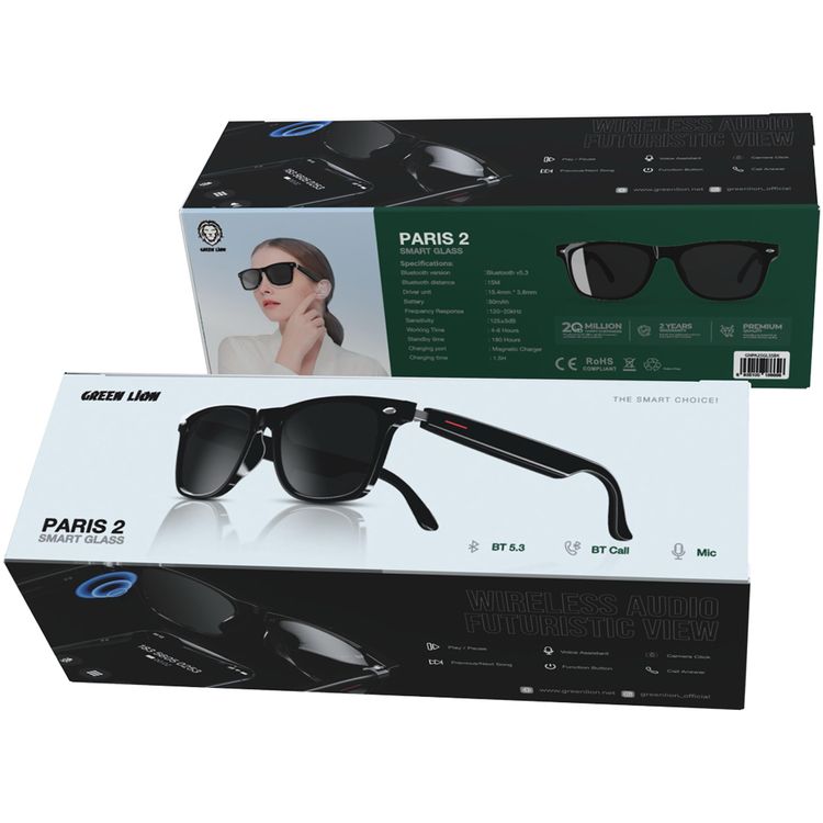 Green Lion Paris 2 Smart Glass with 4-6 Hours Working Time, Bluetooth Version 5.3, 80mAh Battery Capacity, 15m Bluetooth Range, 180 Hours Standby Time, Magnetic Charger, 1.5 Hours Charging Time, Built-in Microphone, UVA & UVB Protection, Touch Control - Black