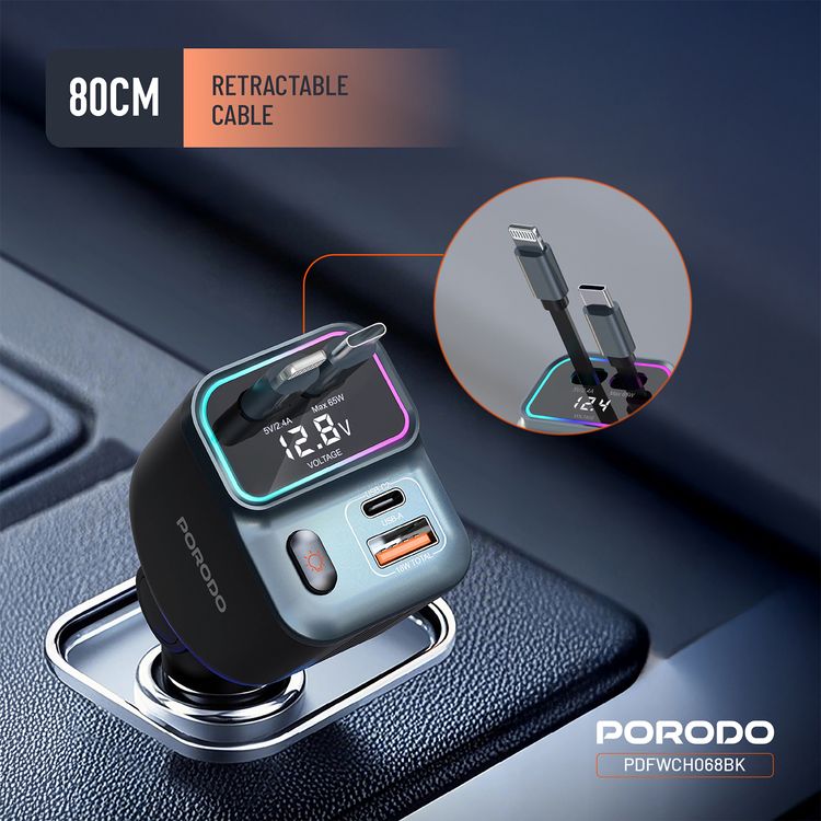 Porodo 65W Car Charger with Dual Retractable Cables, Real-Time Voltage Display, Type-C & Lightning Cable Types, USB-A & USB-C Ports, Universal  Compatibility - Black
