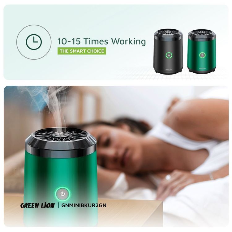 Green Lion Mini Bakhour 2 with Off Protection Mechanism, High-Quality Incense Burner, 2000mAh Battery Capacity, 10-15 Times of Operation, Compact & Portable Design, Type-C Charging Port - Green